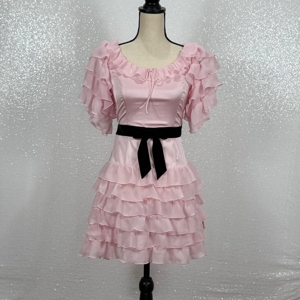 For Love & Lemons Danali Ruffle Pink Ruffle Mini Dress with Black bow - Picture 11 of 16